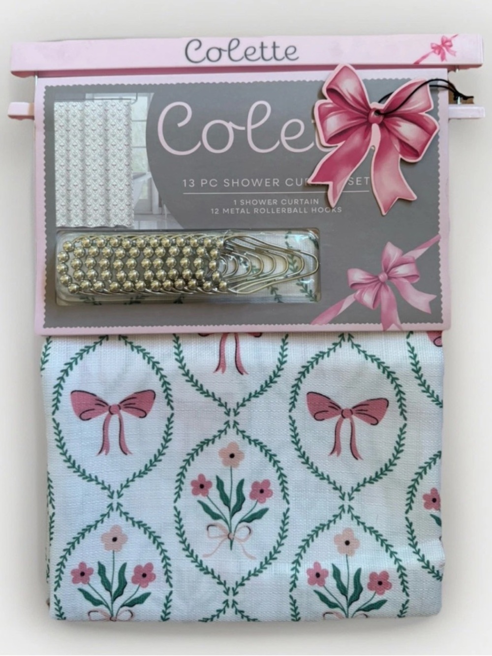 Colette Shower Curtain 13 Piece Set 72” x 72” Bow & Floral Print Fabric New